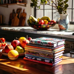 Health science books and fresh fruit on a desk